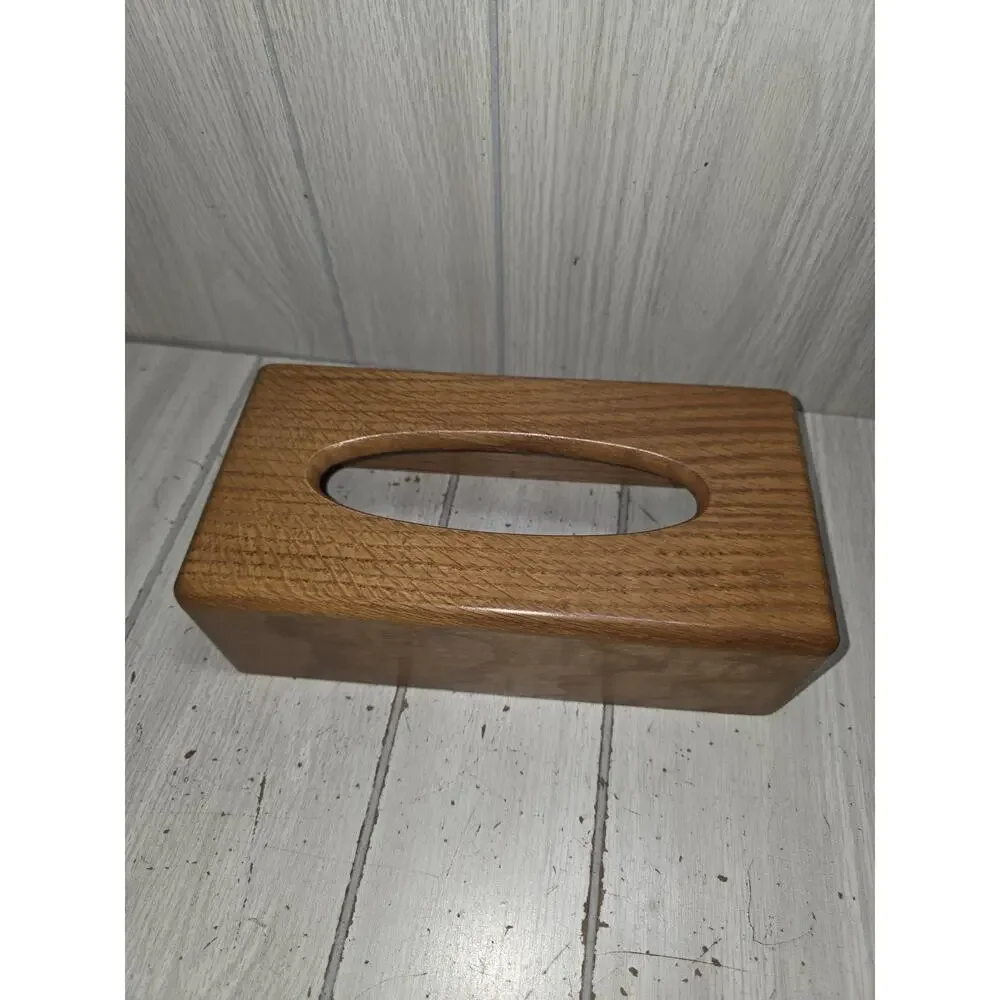 Vtg Oak Tissue Box Cover Dispenser Solid Wood Rectangle MCM Kleenex Farmhouse